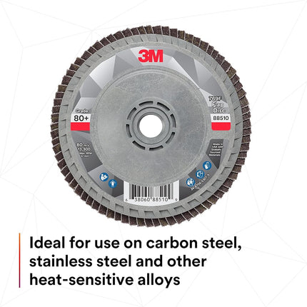 3M Flap Disc 769F, Type 27 Quick Change, 80+, 4-1/2 in x 5/8-11, High Performance Abrasive, Ceramic Precision-Shaped Grain Grinding and Finishing Disc, Carbon Steel, Stainless Steel