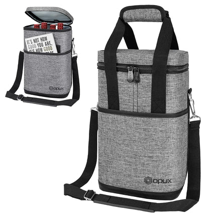 Opux 4 Bottle Insulated Wine Cooler Bag - Leakproof Padded Portable Wine Bottle Tote for Travel Picnic BYOB - Heather Gray