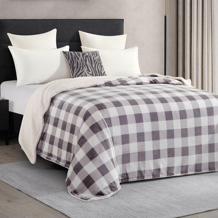 Elegant Comfort Ultra Soft Reversible Buffalo Plaid Flannel Sherpa Blanket - Cozy Silky Checkered Fleece Throw for Couch, Bed - Plush Fuzzy Warm Winter Blanket for Gift, Twin XL, Gray