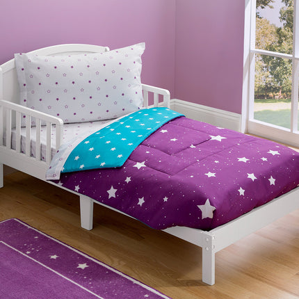Toddler Bedding Set | Girls 4 Piece Collection | Fitted Sheet, Flat Top Sheet w/ Elastic bottom, Fitted Comforter w/ Elastic bottom, Pillowcase | Delta Children | Girls Starry Night | Purple Stars