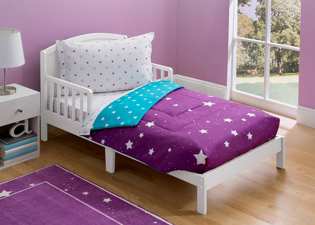 Toddler Bedding Set | Girls 4 Piece Collection | Fitted Sheet, Flat Top Sheet w/ Elastic bottom, Fitted Comforter w/ Elastic bottom, Pillowcase | Delta Children | Girls Starry Night | Purple Stars
