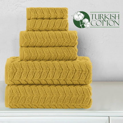 Elegant Comfort Luxury 6-Piece 100% Turkish Cotton Jacquard Braided Textured Premium Hotel Quality Towel Set– Soft and Absorbent, Includes 2 Bath Towels, 2 Hand Towels and 2 Washcloths, Amber Gold