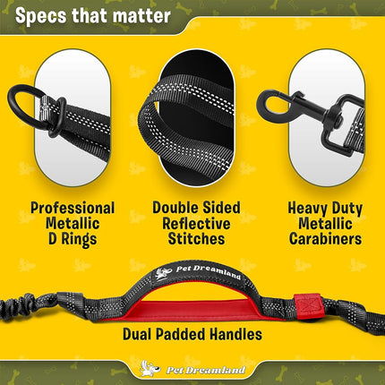 Pet Dreamland Hands Free Dog Leash for Running, Walking, Hiking, Cycling and Training. Bungee Harness, Adjustable Waist Belt, Single or Double Handle, Reflective Stitching. Small, Medium, Large Dogs