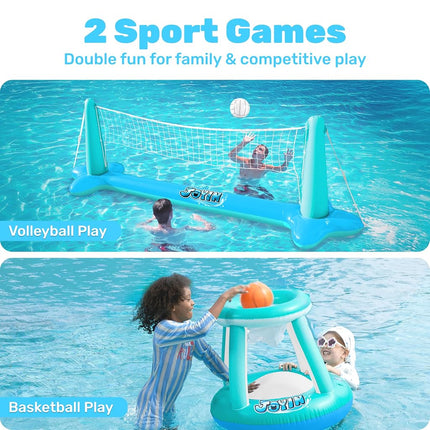 JOYIN Inflatable Pool Float Set Volleyball Net & Basketball Hoops, Floating Swimming Game Toy for Kids/Adults, Summer Floaties, Volleyball Court(105"x28"x35")|Basketball hoop(27"x23"x27"),Blue