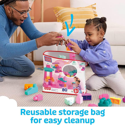 MEGA BLOKS Fisher-Price Toddler Block Toys, Big Building Bag with 80 Pieces and Storage Bag, Pink, Gift Ideas for Kids Age 1+ Years, DCH62