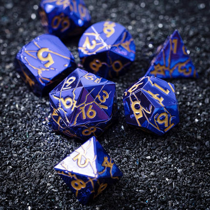 Metal Dice for DND - Ancient Cracked Lightning – Purple Gold Cracks
