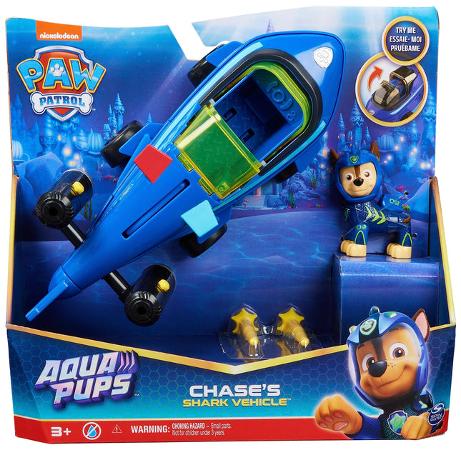 PAW Patrol, Aqua Pups Véhicule de Base, Voiture Jouet en Forme de Requin avec Figurine de Chien Chase, Jouet Adapté aux Enfants de 3 Ans et Plus