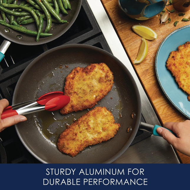 Rachael Ray Cucina Sartén antiadherente de doble paquete de aluminio anodizado duro con mangos azul agave, gris