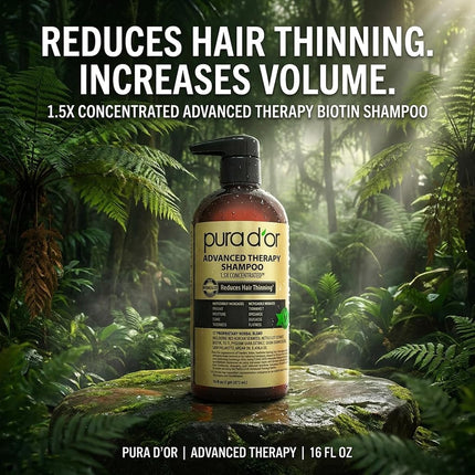 PURA D'OR 16 Oz Advanced Therapy Shampoo Reduces Hair Thinning & Increases Volume, No Sulfate, Biotin Shampoo Infused with Argan Oil, Aloe Vera for All Hair Types, Men & Women