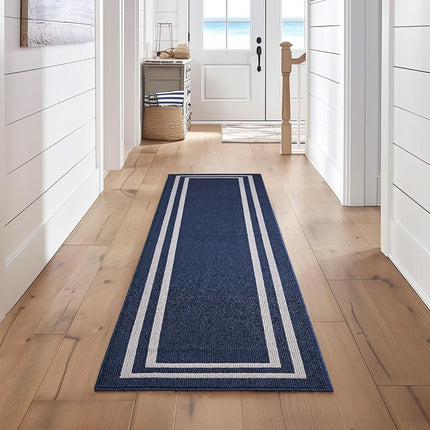 Nautica – Runner Rug | Indoor Runners for Hallways and Entry Rugs| Non-Slip and Non-Skid Entry and Kitchen Door Mat| Machine Washable Entryway Carpet Rugs | 2'6" x 10' | Double Border Denim