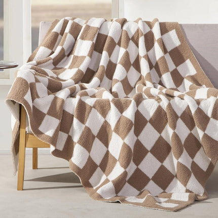 Elegant Comfort Checkered Throw Blanket, Taupe Super Soft Cozy Fluffy Warm Throw Blankets for Couch, Sofa, Chair, Bed, Camping, Picnic, Travel Lightweight Bed Blanket (50" x 70")