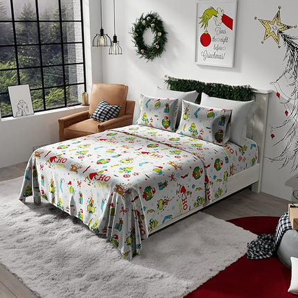 Franco Grinch by Dr. Seuss Holiday & Christmas Bedding Super Soft Flannel Sheet Set, Queen, (Official Dr. Seuss Product)