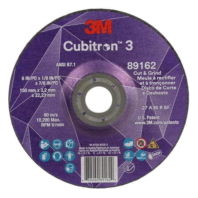 3M Cubitron 3 Cut and Grind Wheel, 89162, Pack of 20, 36+, T27, 6 in x 1/8 in x 7/8 in (150 x 3.2 x 22.23 mm), ANSI