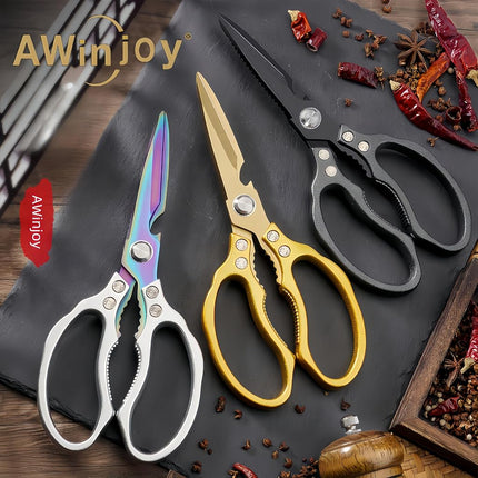 AWinjoy Heavy Duty Sharp Kitchen Scissors, Stainless Steel, Ambidextrous, Dishwasher Safe, Black