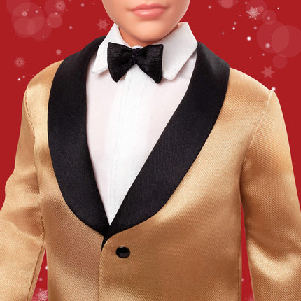 Barbie Signature 2025 Holiday Blonde Ken Collectible Fashion Doll wearing Full Suit with Golden Jacket in Displayable Packaging & Doll Stand, JGK55