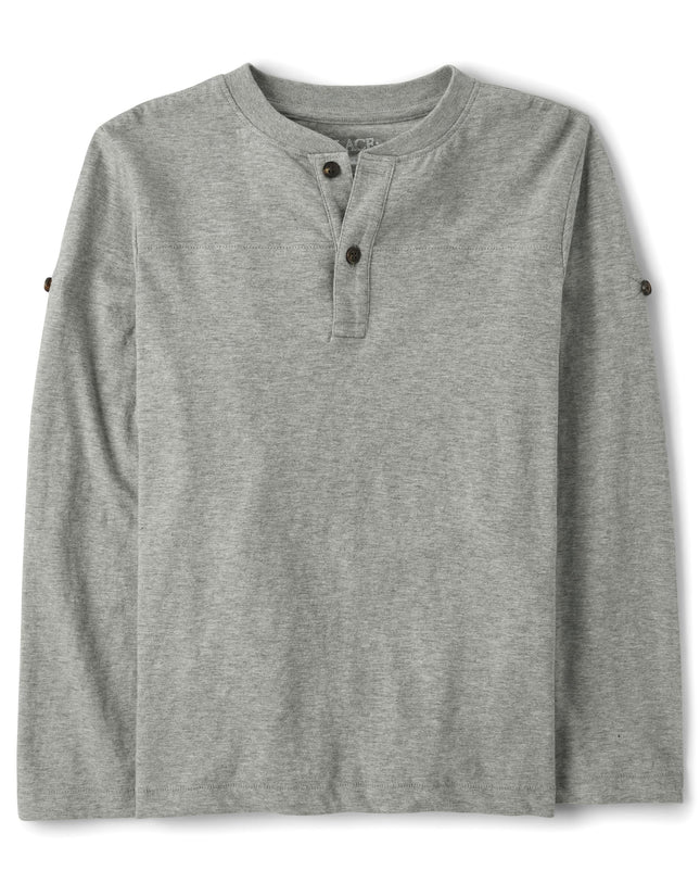 The Children's Place Boys' Long Sleeve Rolled Cuff Henley Shirt, Smoke Grey, Large