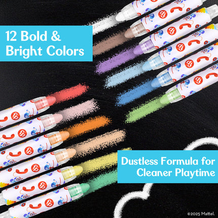 Juego de tizas sin polvo Fisher-Price® - 12 colores brillantes con soportes ajustables, estuche de almacenamiento portátil, útiles de arte lavables, seguros y no tóxicos, para dibujar en pizarras, aceras y papel