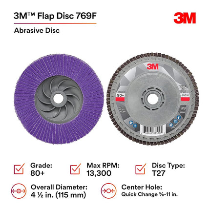 3M Flap Disc 769F, Type 27 Quick Change, 80+, 4-1/2 in x 5/8-11, High Performance Abrasive, Ceramic Precision-Shaped Grain Grinding and Finishing Disc, Carbon Steel, Stainless Steel