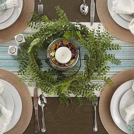 DII Fringed Stripe Tabletop, Table Runner, Cotton, Teal, 14x72