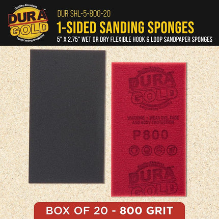 Dura-Gold 800 Grit 5" x 2-3/4" Sanding Sponges, Box of 20 - Performance Hook & Loop Wet or Dry Flexible Sandpaper Sponge Pads - for Hand Sanding Blocks, Palm Sanders - Polish Metal, Auto Paint, Wood