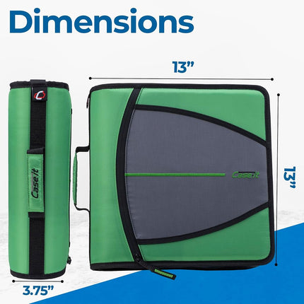 Case-it The Mighty Zip Tab Zipper Binder - 3 Inch O-Rings - 5 Color Tab Expanding File Folder - Multiple Pockets - 600 Sheet Capacity - Comes with Shoulder Strap - Canopy Green D-146