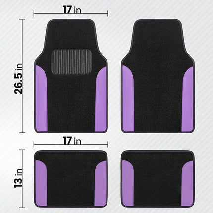 BDK Two-Tone Carpet Car Floor Mats with Faux Leather Accents, Automotive Floor Mat Set with Built-in Heel Pad, Stylish Interior Car Accessories (Purple)