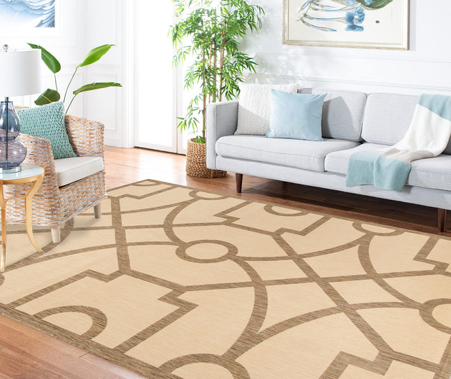Martha Stewart by SAFAVIEH Collection 6'7" x 9'6" Beige/Dark Beige MSR4121K Fretwork Indoor/Outdoor Waterproof Easy-Cleaning Patio Backyard Mudroom Area-Rug