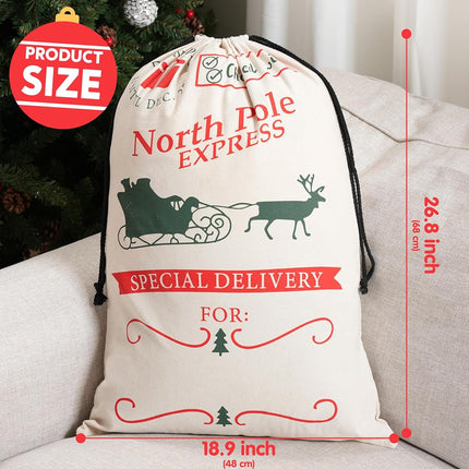 JOYIN 1PCS Christmas Drawstring Gift Bag Santa Burlap Sack 26" x 19" Cloth Pouch for Xmas Presents Package, Event Party Supplies, Christmas Party Favors, Green&White