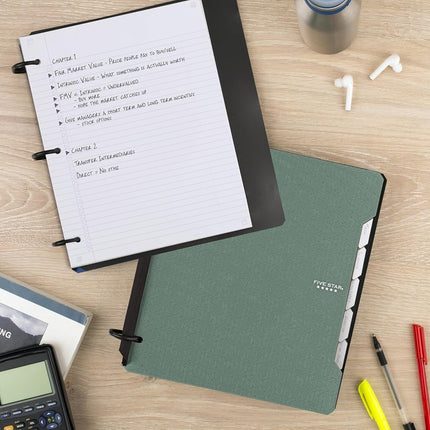 Cahier rechargeable Five Star Flex + application d'étude, papier ligné, anneaux TechLock de 3,8 cm, pochettes, onglets et intercalaires, capacité de 300 feuilles, vert algue (29324AQ8)