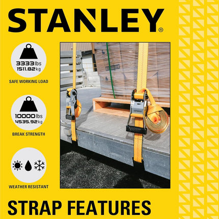 STANLEY S10000F Black/Yellow 2" x 27' Ratchet Strap with Flat Hooks - 3,333 LBS Safe Working Load / 10,000 LBS Break Strength