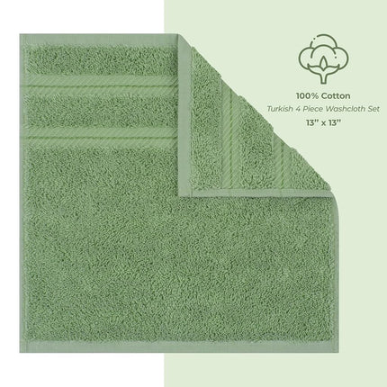 American Soft Linen Luxury Washcloths for Bathroom, 600 GSM 100% Cotton 4 Piece Turkish Wash Cloth Set, 13x13 in Soft Rags for Body and Face, Sage Green Washcloths