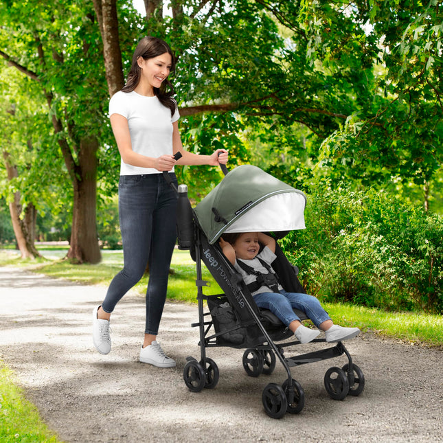 Jeep PowerGlyde Stroller by Delta Children - Lightweight Travel Stroller with Softer Drive and Compact Fold, 3-Position Recliner, Extra Large Storage Basket, Olive Green