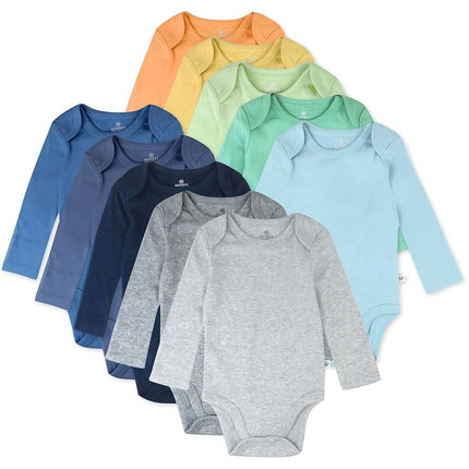 HonestBaby Baby 10-Pack Organic Cotton Long Sleeve Bodysuits, Rainbow Blues, Newborn