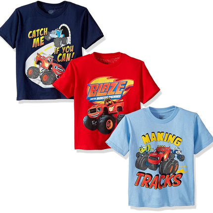Lot de 3 tee-shirts Nickelodeon pour tout-petits garçons Blaze et les Monster Machines, Rouge/Bleu roi/Bleu ciel, 3T