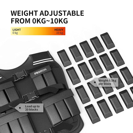 PROIRON Adjustable Weighted Vest 10kg, 20 Weight Packs, Weight Jacket Men Women with Reflective Stripe for Running Strength Training Workout Jogging Walking Home Gym Fitness Cardio Weight Loss, Black