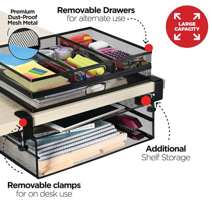 Under Desk Drawer Organizer Clamp-On, Mesh Metal Desk Drawer Attachment, 2 Drawer Slide Out, On Desk Or Under Desk Organizer For Office Supplies & Home Essentials (2 Drawers)