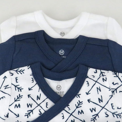 HonestBaby Paquete de 3 bodys de manga larga con broches laterales estilo kimono de algodón orgánico para bebés, niños y niñas, unisex, color azul Compass, de 3 a 6 meses