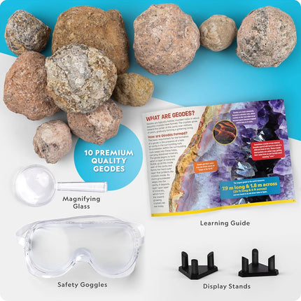 NATIONAL GEOGRAPHIC Break Open 10 Premium Geodes � Includes Goggles and Display Stands - Great STEM Science Kit, Geology Gift for Kids, Geode Crystals, Toys for Boys and Girls