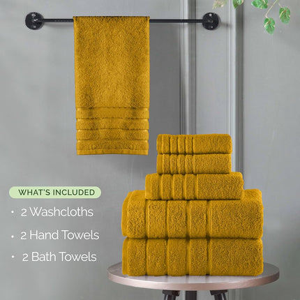 Elegant Comfort 4 Lines Viscose Stripe 6-Piece Premium Towel Set - 100% Turkish Cotton High Absorbent Luxury Bathroom Towels – Includes 2 Washcloths, 2 Hand Towels and 2 Bath Towels Set, Gold