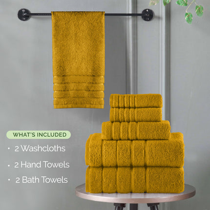Elegant Comfort 4 Lines Viscose Stripe 6-Piece Premium Towel Set - 100% Turkish Cotton High Absorbent Luxury Bathroom Towels – Includes 2 Washcloths, 2 Hand Towels and 2 Bath Towels Set, Gold