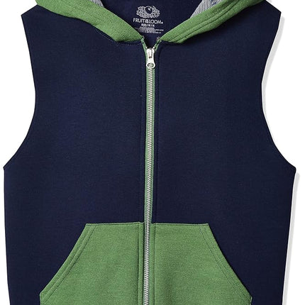 Fruit of the Loom Boys' Fleece Full Zip Sleeveless Vest, Ghost Navy/Gametime Green/Charcoal Heather, Large