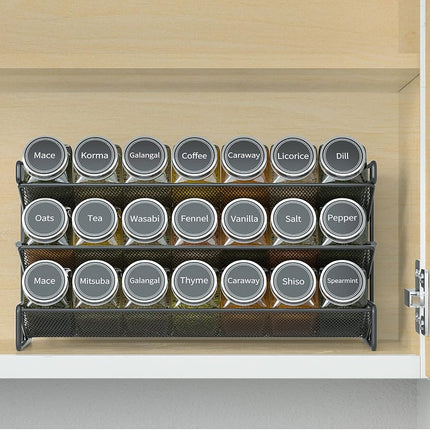 SpaceAid Spice Rack Organizer with 21 Spice Jars, 386 Spice Labels, Chalk Marker and Funnel Set for Cabinet, Countertop, Pantry, Cupboard or Door & Wall Mount - 21 Jars, 13.4" W × 9" H, Black