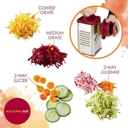 Rachael Ray Tools and Gadgets Stainless Steel Box Grater for Vegetables, Chocolate, Hard Cheeses, and More, Red