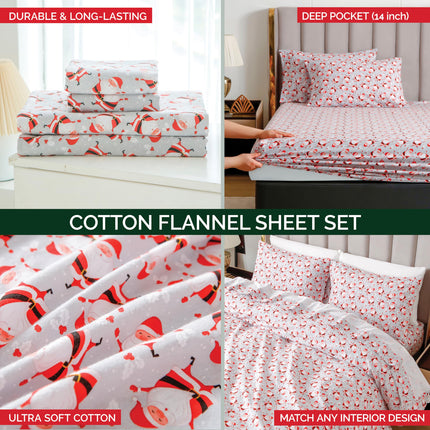 Elegant Comfort Ultra Soft 4-Piece 100% Turkish Cotton Flannel Sheet Set - Holiday Christmas Flannel Sheets, Warm and Cozy Anti-Pill Premium Quality, Deep Pocket Fitted Sheet- Twin XL, Jolly Santa