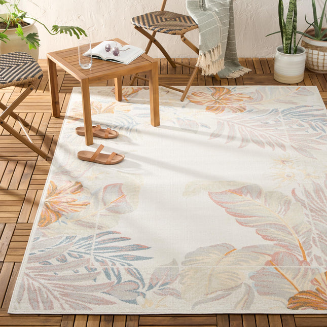 Tommy Bahama Alfombra de Interior/Exterior Bimini Blooming Border, Diseño Tropical de Hojas, Resistente a la Decoloración UV, Marfil/Azul/Coral, 5'2"x7'2"