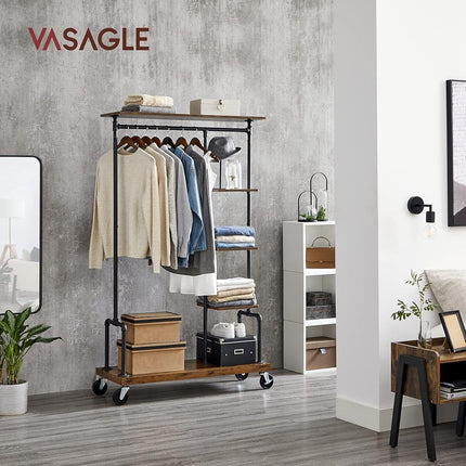 VASAGLE Clothes Rack, Clothing Rack on Wheels, 5-Tier Garment Rack with Metal Pipes, for Bedroom, Store, Laundry Room, Living Room, Rustic Brown and Black HSR66BX