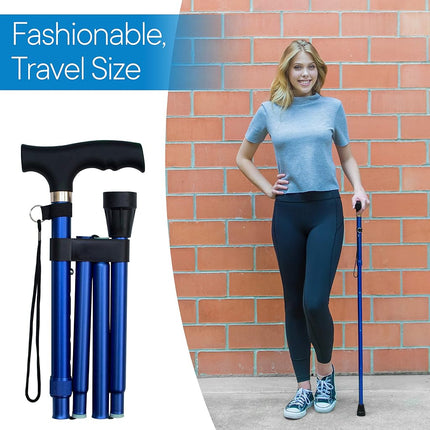 Bastón Plegable RMS - Plegable, Ajustable, Ligero de Aluminio con Mango Desplazado - Bastón Plegable con Mango Ergonómico Derby - Ayuda Ideal para la Vida Diaria para Movilidad Limitada (Azul)