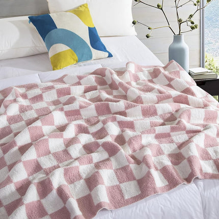 Elegant Comfort Checkered Throw Blanket, Light Pink Super Soft Cozy Fluffy Warm Throw Blankets for Couch, Sofa, Chair, Bed, Camping, Picnic, Travel Lightweight Bed Blanket (50" x 70")