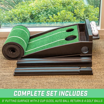 GoSports Pure Putt Golf Tapis de Practice de Golf de 2,7 m – Aide à l'Entraînement en Bois Haut de Gamme pour la Pratique du Putting à la Maison et au Bureau – Comprend 4 Balles de Golf – Noir