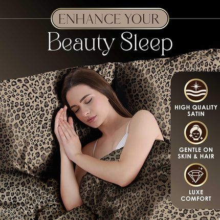 MARTEX Elegance Seduction 1S51588 Satin Silky Deep Pocket Easy Care Machine Washable 1 Fitted Sheet 1 Flat Sheet and 2 Pillowcases Queen Size 4 Piece Leopard Animal Print Sheet Set, Queen, Brown